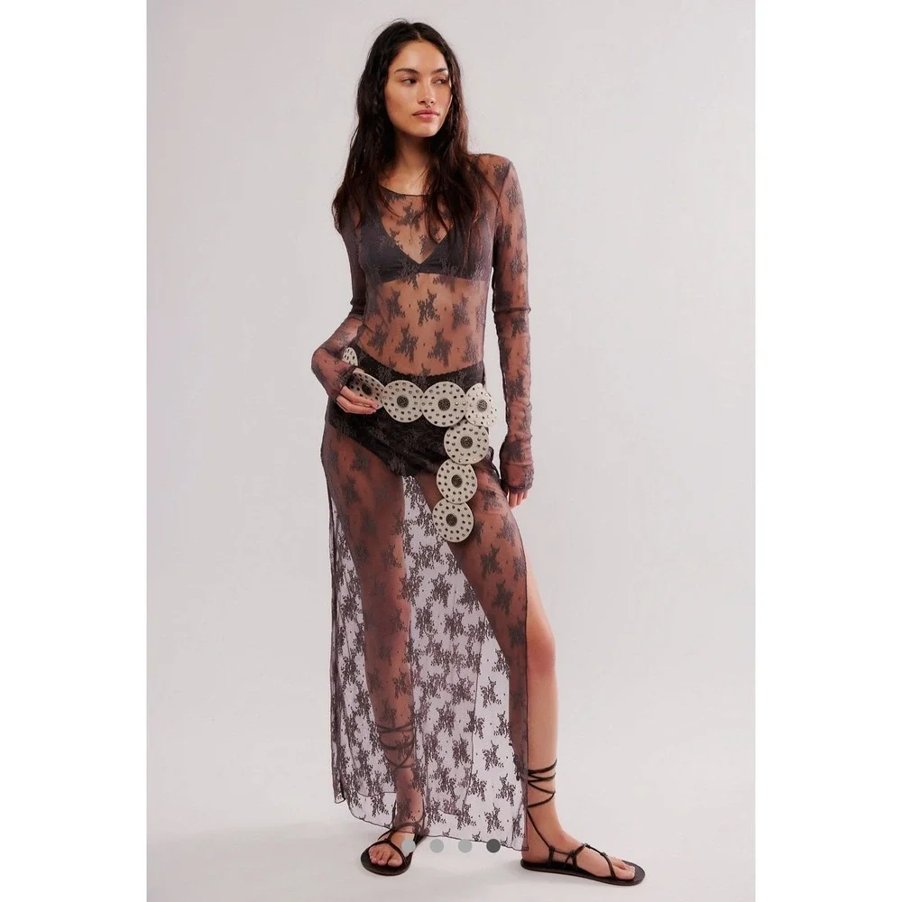 Free People Lady Lux Maxi Slip Dress‎ Layering Dark Gull Grey M NWT MSRP $88